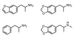 Structures clockwise from top left: 6-APB; MDA; MDMA; amphetamine
