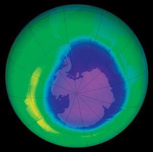 Free radical chemistry regulates ozone levels in the stratosphere. Ozone depletion in the antarctic is visible in satellite imag