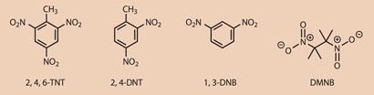 Structures of: 2, 4, 6-TNT, 2, 4-DNT, 1, 3-DNB and DMNB