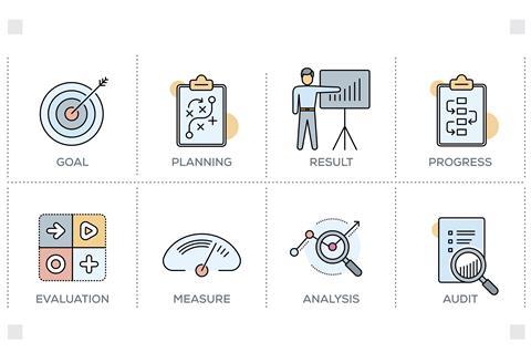 Eight graphics related to assessment, eg goal, evaluation, planning