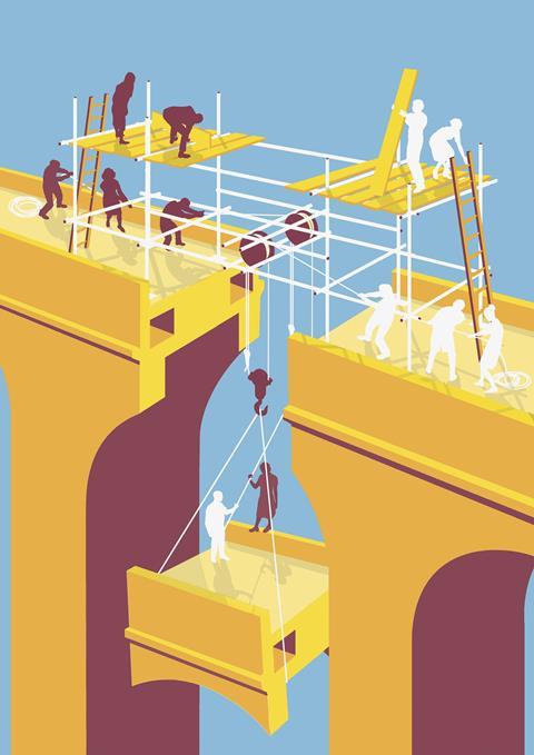An illustration showing the use of a scaffolding to cross a bridge