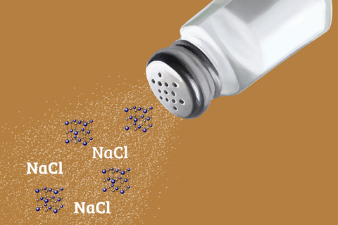 An image showing a salt shaker; NaCl symbols and multiple lattice structures of sodium chloride are coming out of it