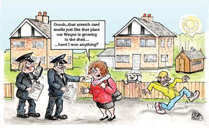 A cartoon showing police hunting a weed-smelling scratch card owner