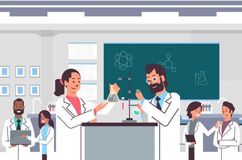 An illustration showing chemistry teachers and school lab technicians working together