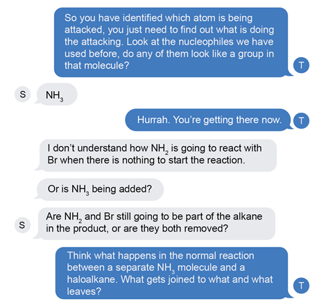 A text conversation between a chemistry teacher and student about organic nucleophiles