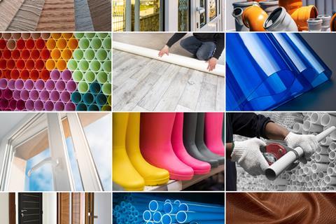 A collage of different items made of PVC including pipes, windows, boots and cloth