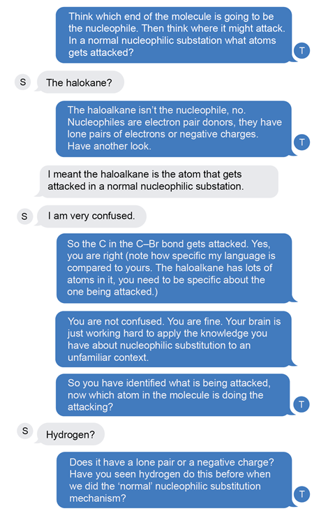 An image of a text discussion between a teacher and student about nucleophilic substitution