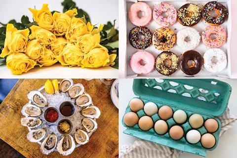 Four photos showing different items that come in dozens - roses, donuts, eggs and oysters