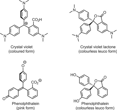 Molecular structures of crystal violet and phenolphthalein in coloured and colourless leuco forms