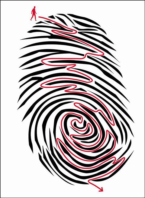 An image showing a small figure in red following a red route through a black fingerprint