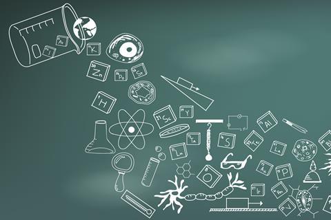 A drawing on a blackboard of a glass beaker pouring out items associated with biology, chemistry and physics including different types of cells, a spring, a thermometer, elements from the periodic table and lab equipment