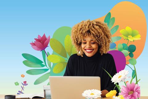 Spring Teacher Support Sessions showing a woman at a laptop with a backdrop of spring flowers.