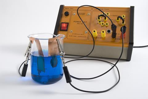 A glass lab beaker containing blue liquid is hooked up to a power unit via crocodile clips that are clipped to copper electrodes where materials are appearing from the solution