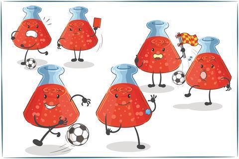 Chemical flasks as cartoon characters playing football. In one pair one is getting angry while another shows him a red card. Another pair one is concentrating on the ball while being cheered by the other waving a flag. The final pair are passing the ball.