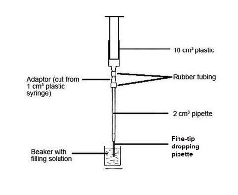 A diagram showing the equipment required for conducting a microscale titration in the classroom, using a pipette, a plastic syringe and some rubber tubing