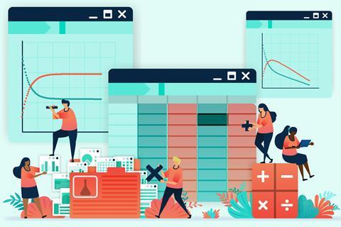 A cartoon of tiny people creating graphs in a spreadsheet