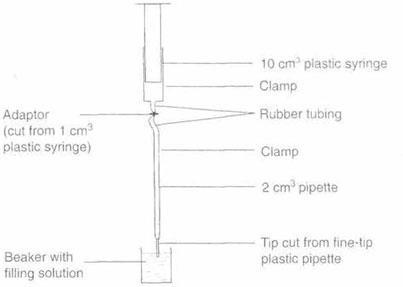 Diagram showing a plastic syringe connected to a pipette and clamped above a beaker