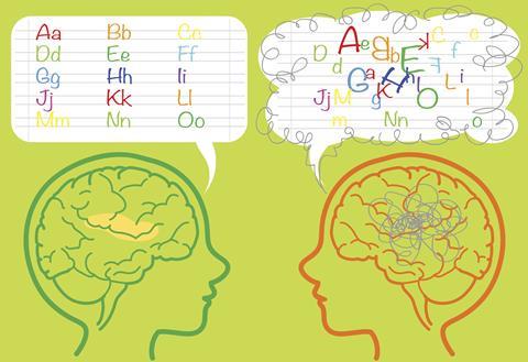 Two outlined heads, one with an ordered alphabet, one with a disordered alphabet jumping out