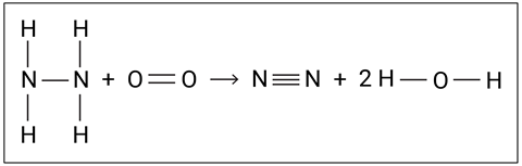 A balanced chemical equation showing the reaction be N 2 H 4 hydrazine and O 2 oxygen to create N2 nitrogen and two H 2 O water molecules.