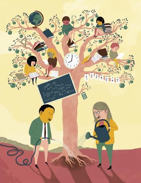 An illustration of two teachers watering tree with students sitting and studying in the branches