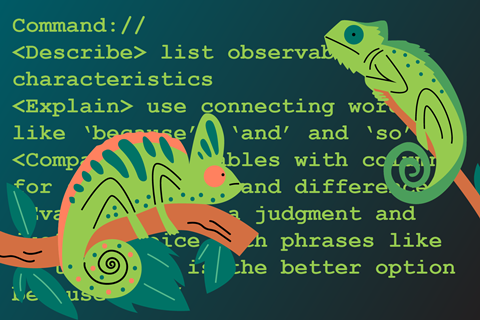 Chameleons climbing in front of a computer screen with different question words