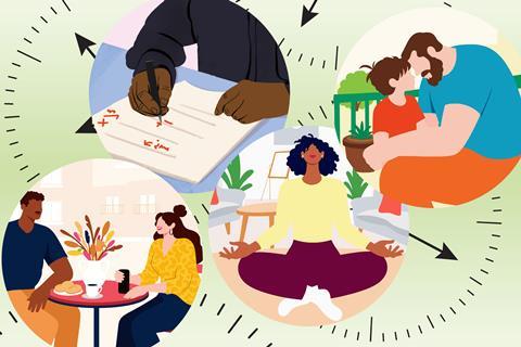 A montage of teachers enjoying time off to mark work, meet friends, do yoga and look after their children