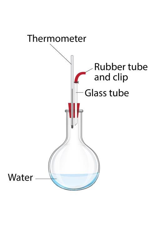 Diagram of a round-bottomed flask with water, and a thermometer and glass tube coming out of it