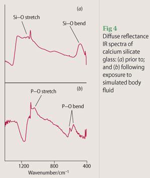 Figure 4 - diffuse reflectance IR spectra of calcium silicate glass: (a) prior to and (b) following exposure to simulated body flui