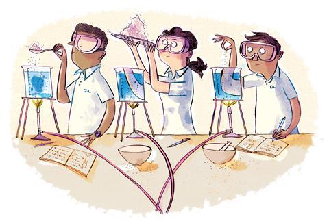 A cartoon of three high school students adding salt to a beaker of water - one is adding a teaspoon full, one is adding a plate full and one is sprinkling a few grains.