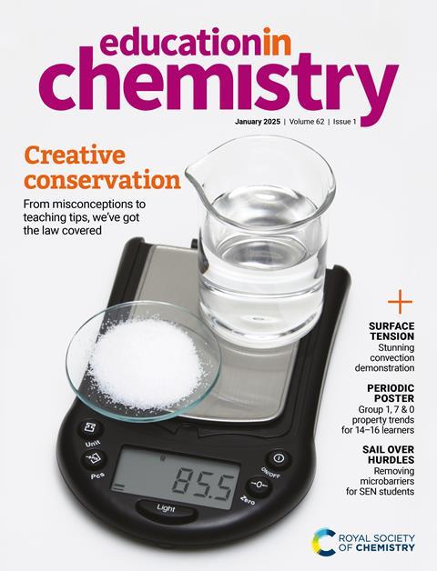 The EiC January 2025 issue cover with a mass balance showing 85.5g for a beaker of water and a watchglass of salt