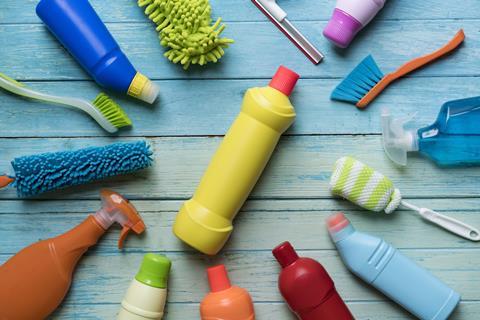 A collection of cleaning products encircling just one