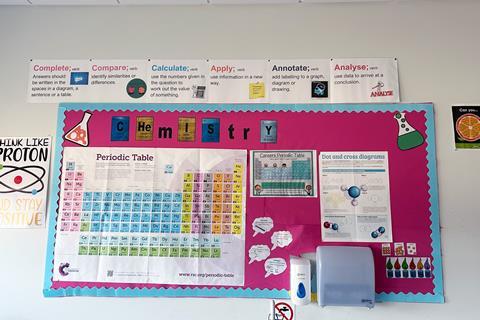 A wall display in a chemistry classroom with a periodic table