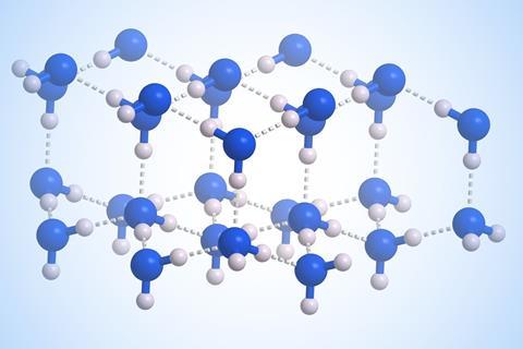 Ball and stick models of water molecules showing the intermolecular hydrogen bonds in the regular structure of solid ice