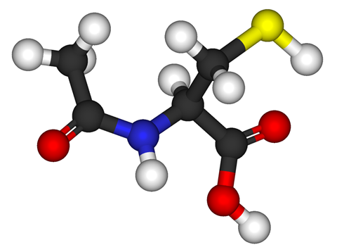 Ball-and-stick model of acetylcysteine (N-acetyl-L-cysteine, NAC)