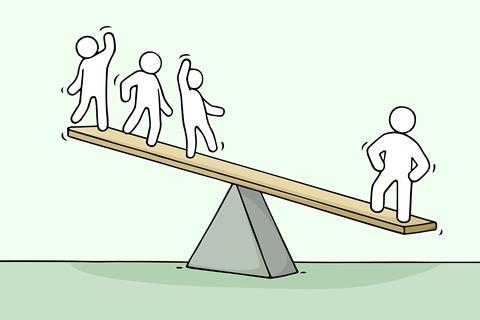 A illustration on a scales where one person is outweighing a group on the other side