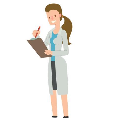 Cartoon scientist, female, long hair, clip board