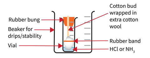 A diagram of a vial with cotton wool, liquid and a rubber bung inside a beaker