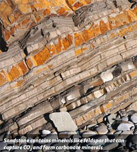 Sandstone - Sandstone contains minerals like fieldspar that can capture CO2 and form carbonate materials