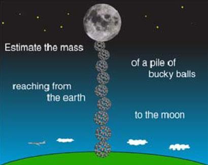 Estimate the mass of a pile of bucky balls reaching form the earth to the moon