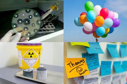 Four photos: a petri dish of bacteria showing gaps around spots of antibiotics; helium balloons; post-it notes; radioactive iodine with a labelled container