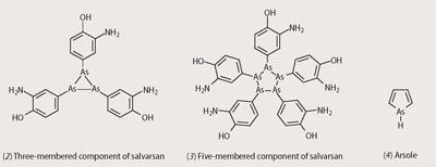 Structures (2) Three-membered component of salvarsan, (3) five-membered component of salvarsan, (4) arsole