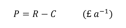 An image illustrating the equation for calculating profit from revenue and costs