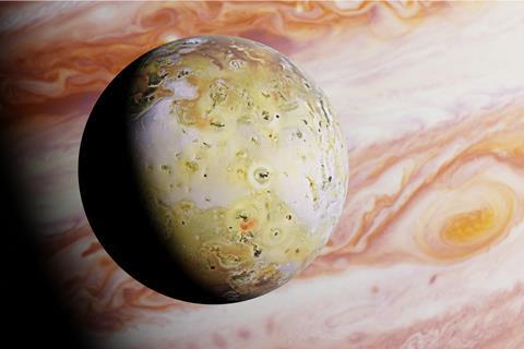 A 3D rendered image of Jupiter's moon Io, with the planet Jupiter in the background