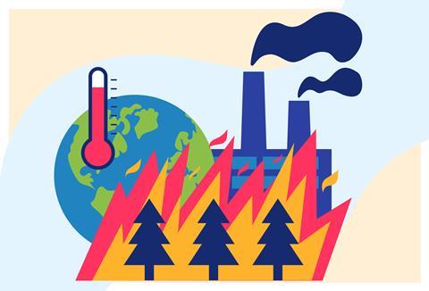 An illustration of Earth, a thermometer, a forest fire and a polluting factory 