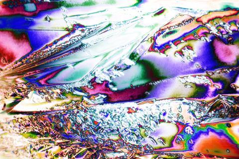 A colourful microscope image of microcrystals of tartaric acid in polarized light