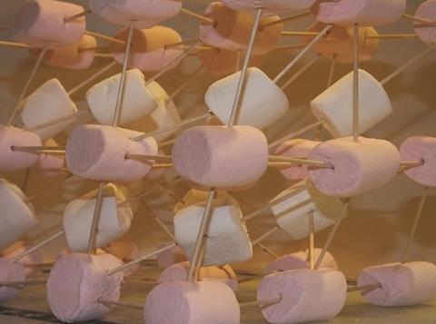 A model of a regular, crystalline structure using marshmallows and cocktail sticks