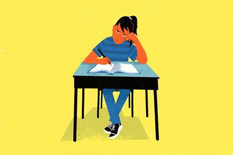 An illustration showing a grumpy female student writing at a desk, on a yellow background