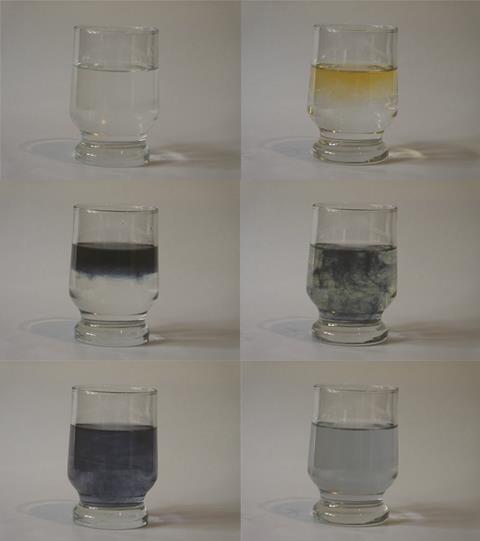 Six photographs showing a glass containing iodine, starch solution and orange juice at different stages of an experiment