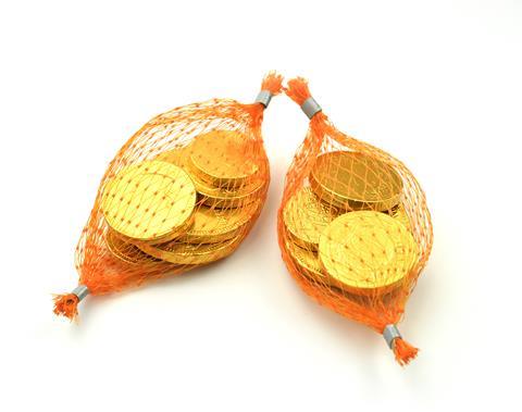 Two orange net bags with chocolate coins in gold wrappers inside