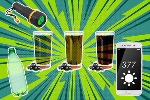 A collage of images of a torch, glasses of juice, a green bottle and a smart phone